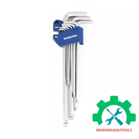 Bộ lục giác S2 đầu Bi, kiếu chữ L, loại dài, 9 cái hệ mét(1.5,2,2.5,3,4,5,6,8,10), thép hợp kim CR-V Workpro - WP222035 