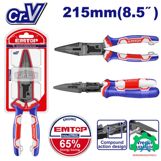 Kìm nhọn 8.5" trợ lực 65% EMTOP EPLRCL0851 dài 215mm