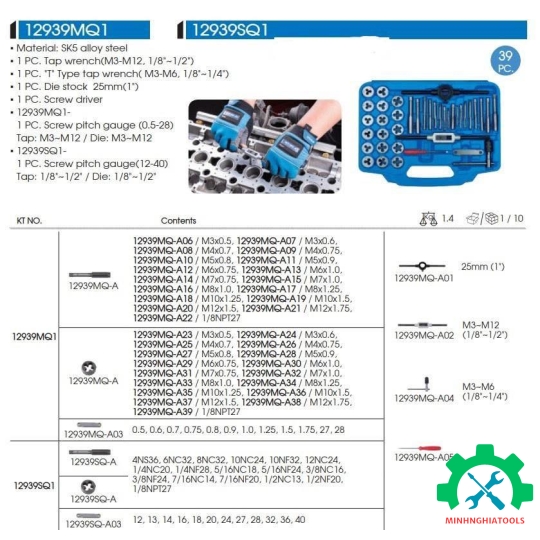 Bộ taro ren hệ mét 39 món Kingtony 12939MQ1 