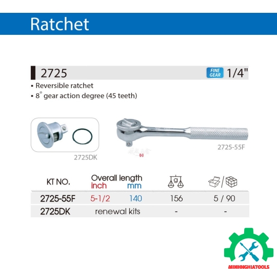 Cần siết tự động 1/4" Kingtony 2725-55FR đầu tròn dài 135mm 