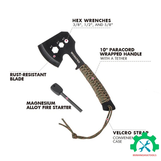 Rìu cắm trại,có tay cầm quấn dây dù, lưỡi chống gỉ, kích thước 10 inch Workpro WP383002