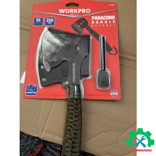 Rìu cắm trại,có tay cầm quấn dây dù, lưỡi chống gỉ, kích thước 10 inch Workpro WP383002