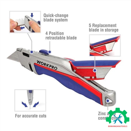 Dao tiện ích có lưỡi cắt, lưỡi dao thu vào được và có thể thay đổi nhanh chóng Workpro - WP213014