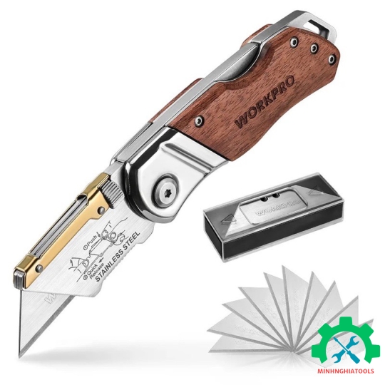 Dao gấp tiện ích có lưỡi cắt, cán cầm bằng gỗ Workpro - WP211014 