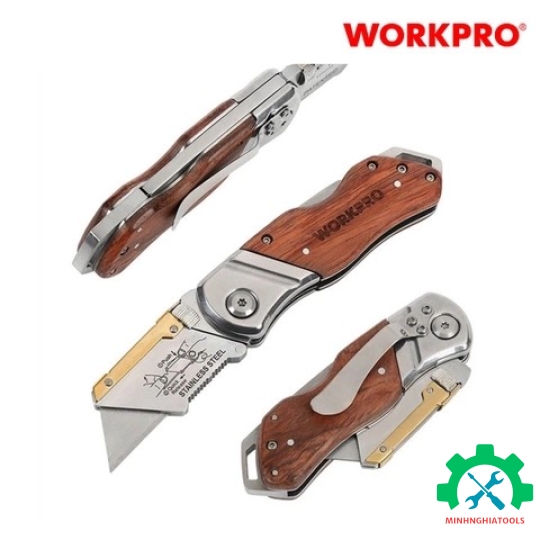 Dao gấp tiện ích có lưỡi cắt, cán cầm bằng gỗ Workpro - WP211014 