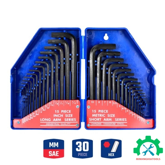 Bộ lục giác đầu bẳng, kiểu chữ L, loại dài 30 cái gồm (15 cái hệ inch, 15 cái hệ mét, thép hợp kim CR-V Workpro - WP222018 