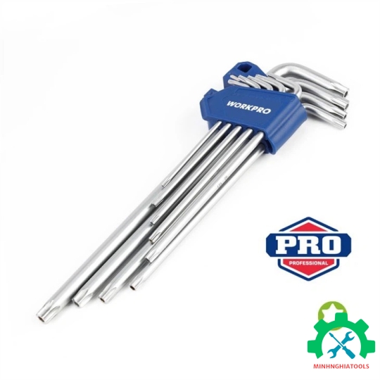 Bộ lục giác S2 đầu hình sao, kiếu chữ L, loại dài, 9 cái (T10,T15,T20,T25,T27,T30, T40,T45,T50), thép hợp kim CR-V Workpro - WP222036 