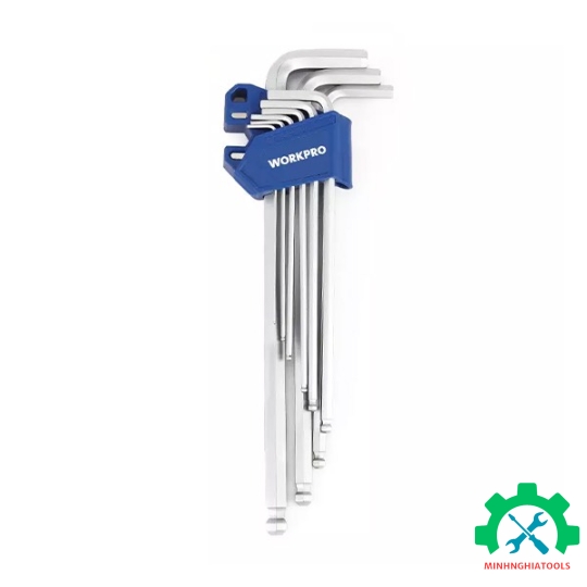 Bộ lục giác S2 đầu Bi, kiếu chữ L, loại dài, 9 cái hệ mét(1.5,2,2.5,3,4,5,6,8,10), thép hợp kim CR-V Workpro - WP222035 