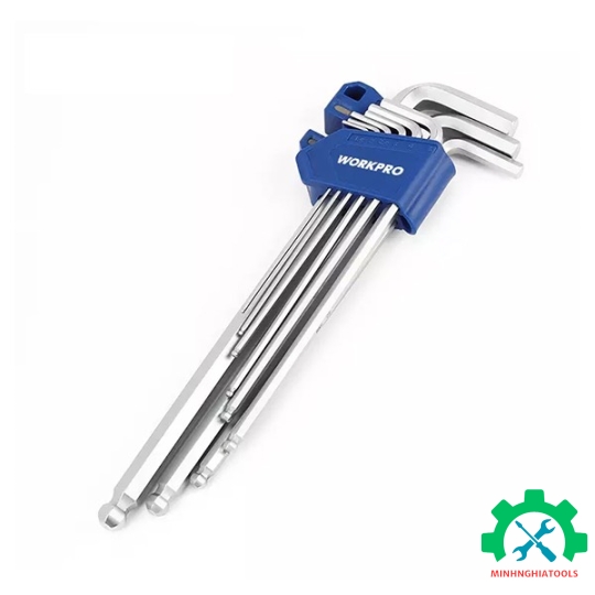 Bộ lục giác S2 đầu Bi, kiếu chữ L, loại dài, 9 cái hệ mét(1.5,2,2.5,3,4,5,6,8,10), thép hợp kim CR-V Workpro - WP222035 
