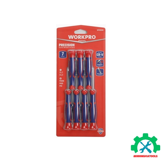 Bộ Tua vít 7 cái gồm các tua vít đầu hình hoa khế, đầu dẹt, thép hợp kim CR-V Workpro - WP200509 