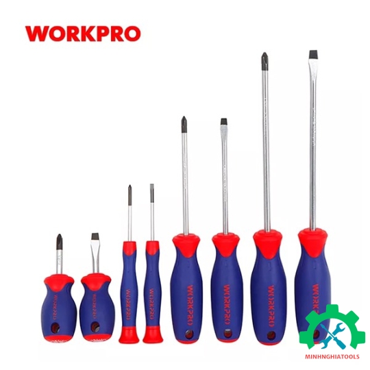 Bộ Tua vít 8 cái gồm ( 4 cái đầu hình hoa khế, 4 cái đầu dẹt), thép hợp kim CR-V Workpro - WP200505 