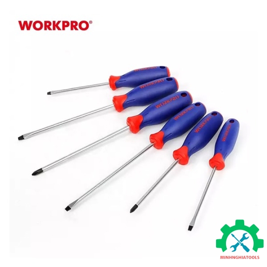 Bộ Tua vít 6 cái gồm ( 3 cái đầu hình hoa khế, 3 cái đầu dẹt), thép hợp kim CR-V Workpro - WP200504 