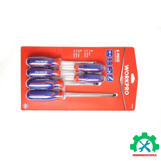 Bộ Tua vít 6 cái gồm ( 3 cái đầu hình hoa khế, 3 cái đầu dẹt), thép hợp kim CR-V Workpro - WP200504 