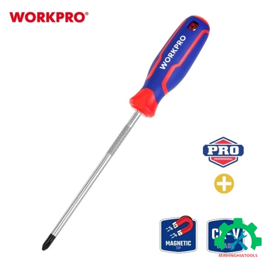 Tua vít đầu hoa thị, tay cầm bọc nhựa cao su 3 màu, chống trơn trượt kích thước PH2x150mm, thép hợp kim CR-V Workpro - WP221030