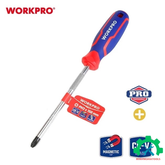 Tua vít đầu hoa thị, tay cầm bọc nhựa cao su 3 màu,ước PH3x150mm, thép hợp k chống trơn trượt kích thim CR-V Workpro - WP221032