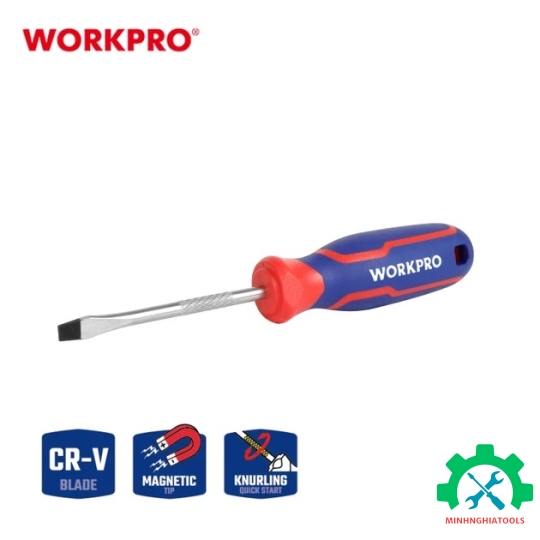 Tua vít đầu dẹt vít, tay cầm bọc nhựa cao su 3 màu, chống trơn trượt kích thước 6.5x150mm, thép hợp kim CR-V Workpro - WP221020 