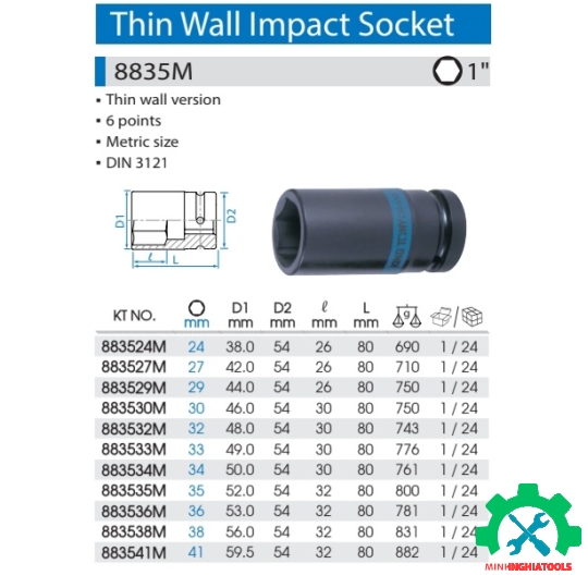 Tube 1 inch Kingtony 8835M  6 cạnh  đen dài 80mm kích thước lẻ 24-41mm 