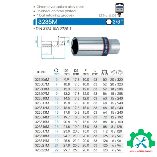 Bộ tube 3/8" loại 6 cạnh 8 chi tiết Kingtony 3508MR 