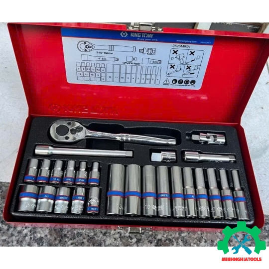 Bộ tuýp 1/4 Kingtony 2526MR01 loại tuýp ngắn và tuýp dài có 26 chi tiết loại 6 cạnh 